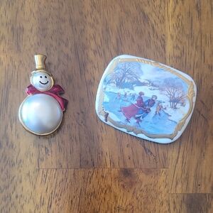 Vintage Festive Snowman Pin and Winter Scene Pin